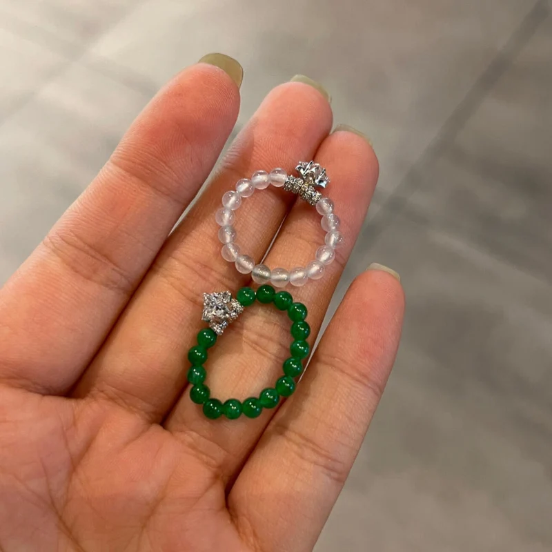 Sparkling Natural chalcedony green beads rings for women fashion exquisite diamonds inlay star ring Elastic rope jewelry gifts