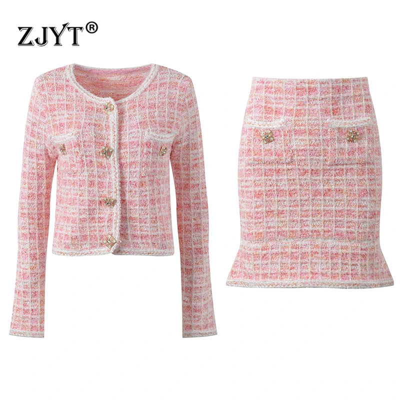 ZJYT Autumn Winter Women\'s Knitted Suit Two Piece Cardigan Sweaters and Skirt Matching Sets Pink Sweet Outfit Ladies Dress Set