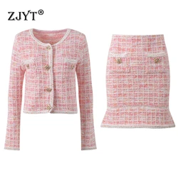 ZJYT Autumn Winter Women's Knitted Suit Two Piece Cardigan Sweaters and Skirt Matching Sets Pink Sweet Outfit Ladies Dress Set