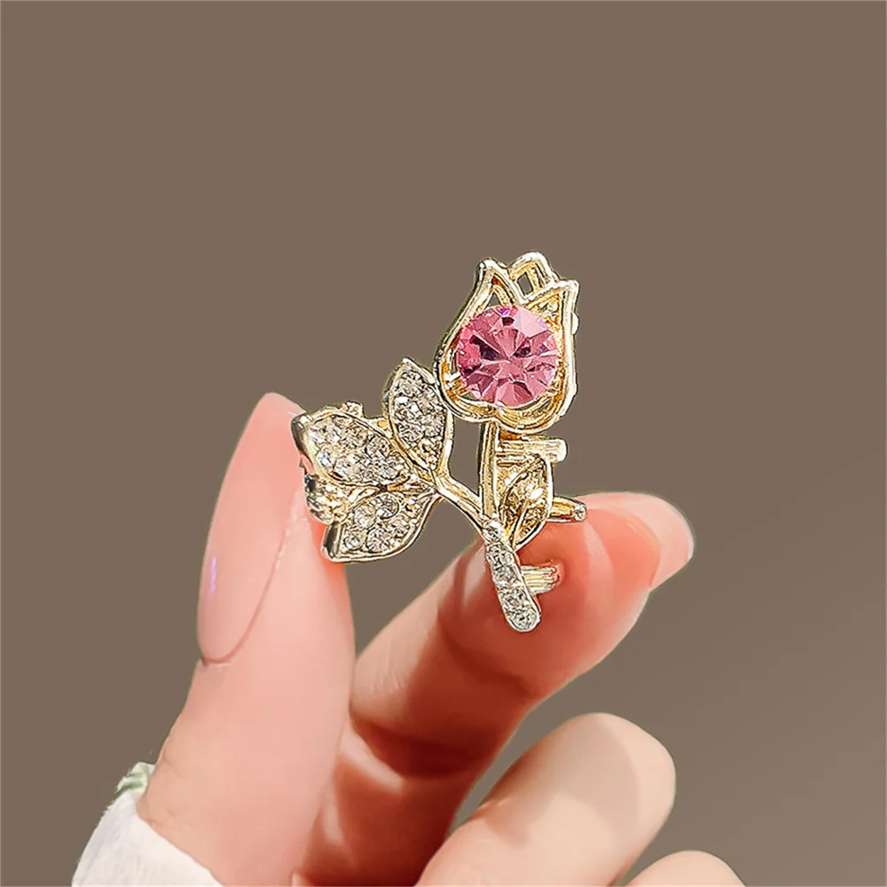 

Exquisite Rhinestone Tulip Flower Small Clip Forehead Bangs Princess Hairpin New Alloy Side Clip Women's Headwear