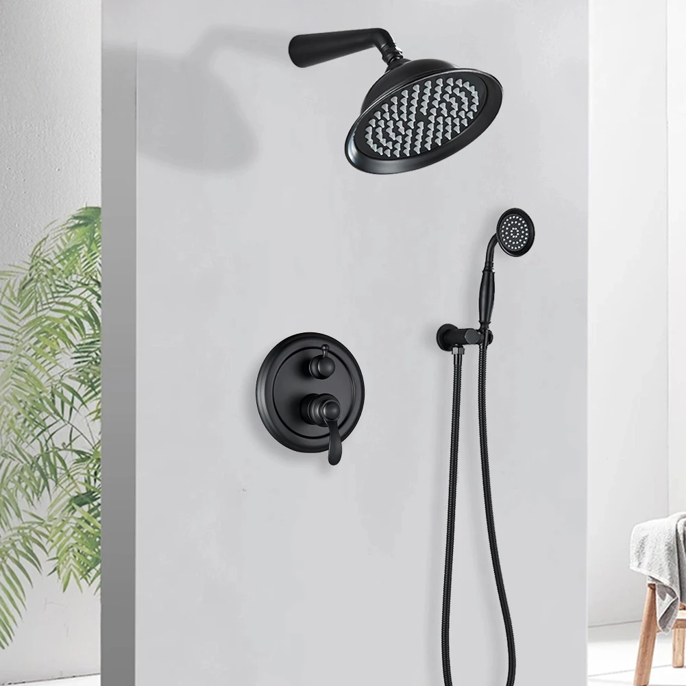 

Настенные смесители для душа, черный встроенный ящик, смеситель для ванной комнаты, полностью латунный смеситель для горячей и холодной воды с дождевой водой, система смесителя RZ-21