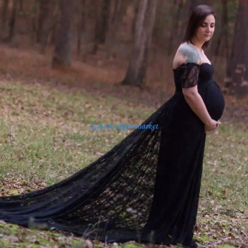 090B Lightweight Breathable Fabric Maternity Gown Dress Elegant Lace Detailing and Trailing Hem for Most Trimesters