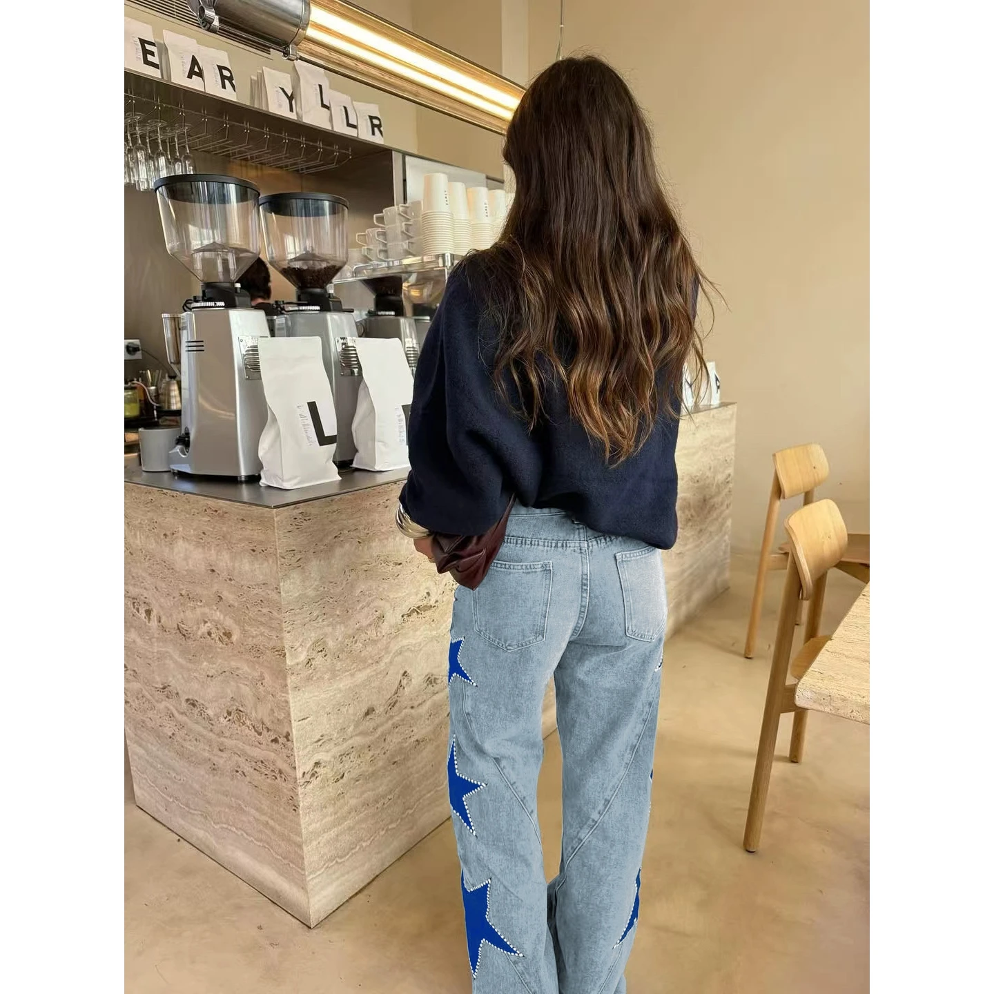 Fashionable Casual Star Print Loose Straight Leg Jeans for Women New Arrival 2025 Winter Seasonal Washed Lamb Velvet Material