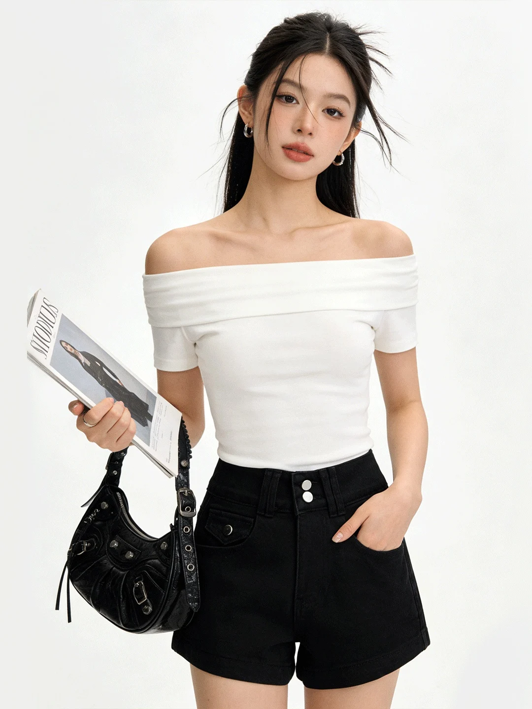 

Spring Summer New Design Double Bule High Waist Denim orts Women Retro Slim A-Line Wide Leg Hot Pants Sexy Versatile Jeans