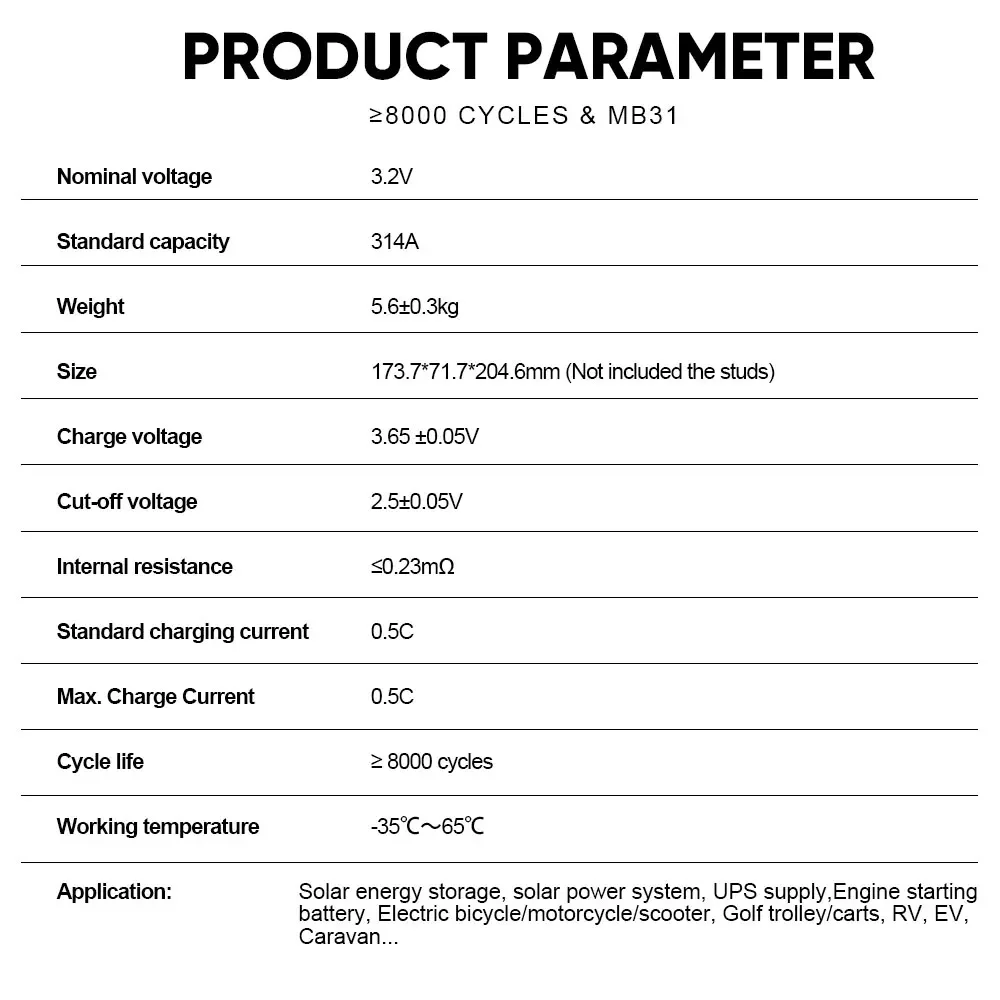 EU Stock MB31 EVE 314AH LiFePO4 Battery Prismatic Rechargeable 8000 Cycles LiPO 3.2V 3.65V Cells For Home Solar Energy System