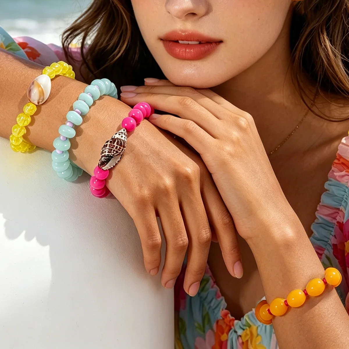 Vibrant Candy Colored Beaded Bracelets Set Ocean Shell Charm Bangles Stackable Summer Beach Vacation Holiday Jewelry Gift