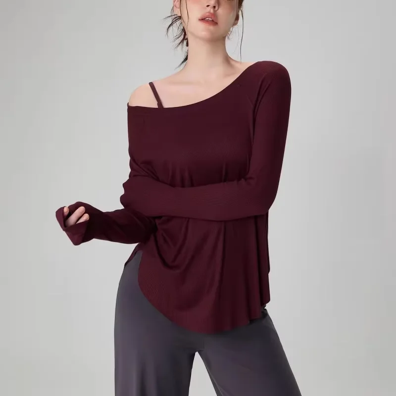 Ribbed Modal Off Shoulder Yoga Top Women Long Sleeve Loose Athletic Cover-Up Breathable Streetwear Fall Winter Workout Shirt