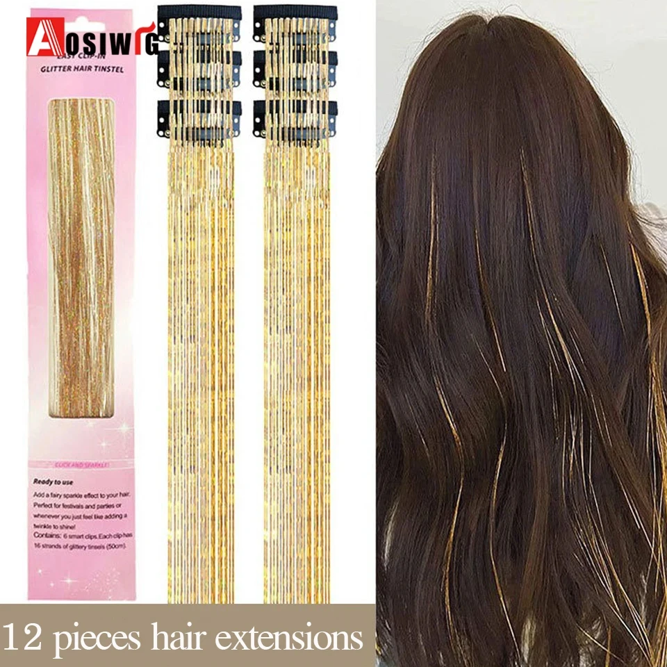 

12Pcs/Pack Sparkle Blonde Hair Extensions Clip In Rainbow Shiny Sparkle Hair Tinsel Heat Resistant Sparkle Hair Extensions For W