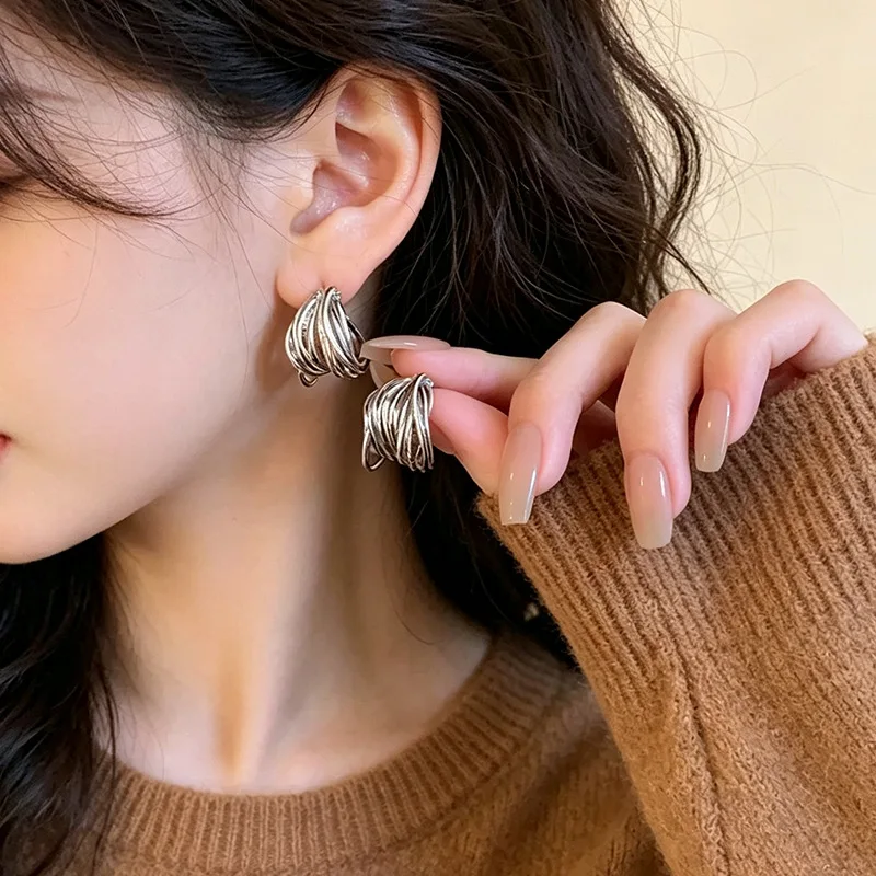 Earrings Line Wrapped Metal Alloy Small Metallic Lightweight Minimalist Retro Niche Chic Women Daily Party Travel Gif