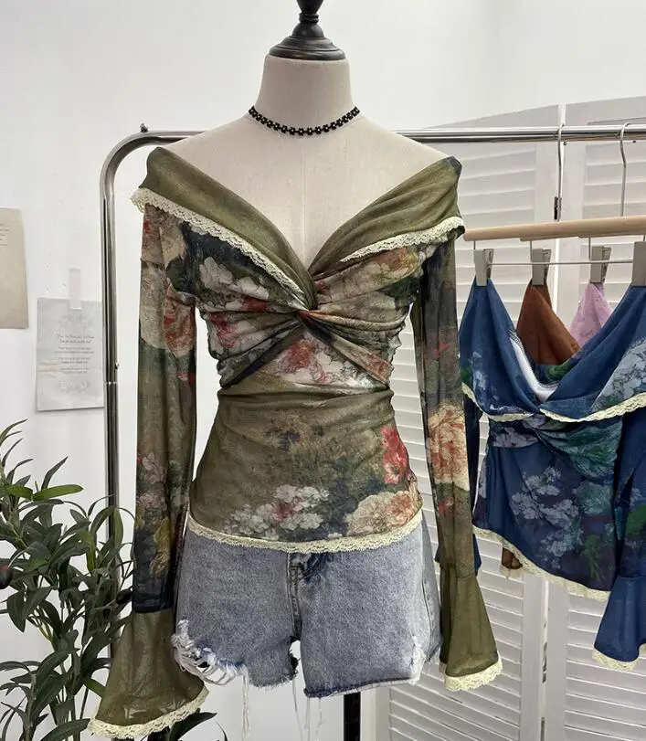 

Y2K Floral Print Off-Shoulder Flared Sleeve T-Shirt Women Sexy Vintage Elegant Green Lace Mesh See Through Fashion Tops w989