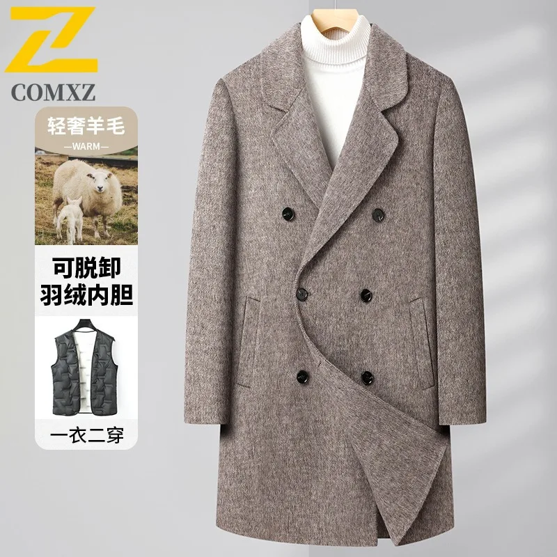 COMXZ 2025 Men Detachable Down Inner Reversible Jacket Wool Long Double Breasted Business Coat Casual Youth Tweed windbreaker