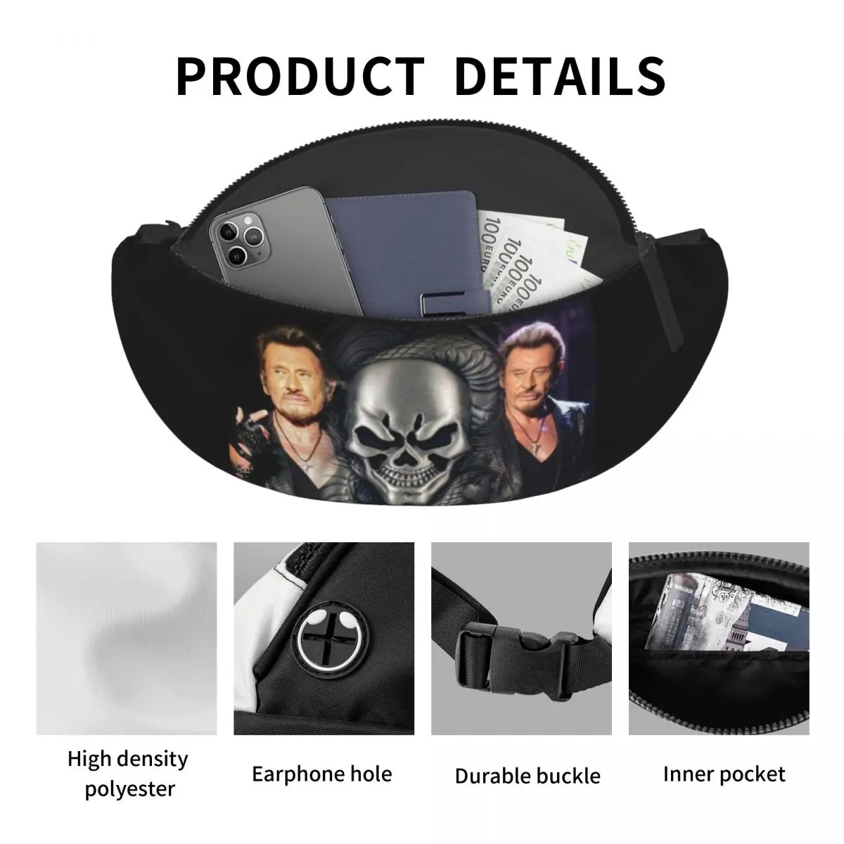 Custom Johnny Hallyday Skull Fanny Bag Heavy Metal Rock Singer Crossbody Waist Pack Women Men Cycling Camping Phone Money Pouch