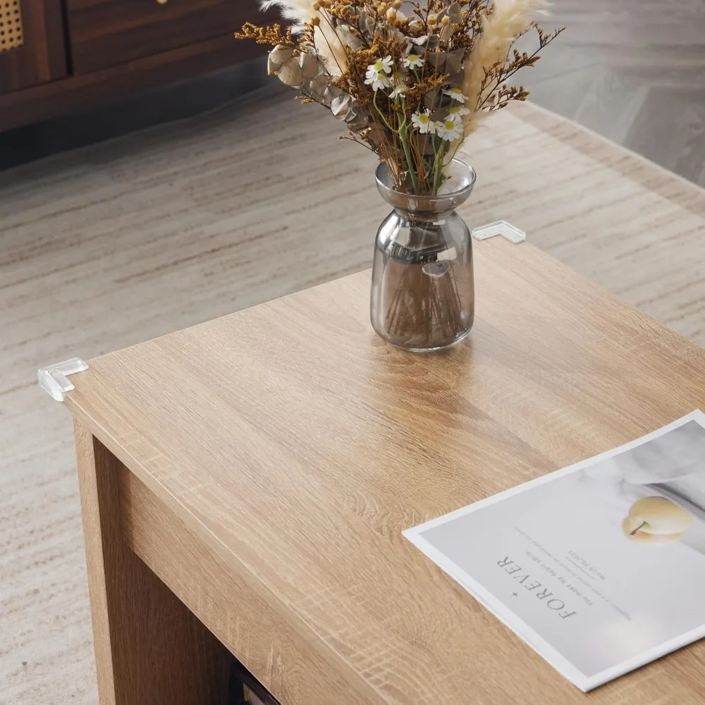 Lift Top Coffee Table, Oak Top with Rattan Frame, Farmhouse Cross-Sided Design, with Storage Shelf/Hidden Compartment, Gas Lift