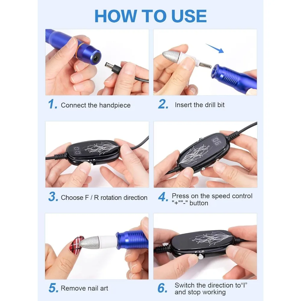 Profesjonalny zestaw do manicure i pedicure Subay, elektryczny frezarka do paznokci z wyświetlaczem LED, 25000 obr./min, 11 elementów plus 20 szlifów