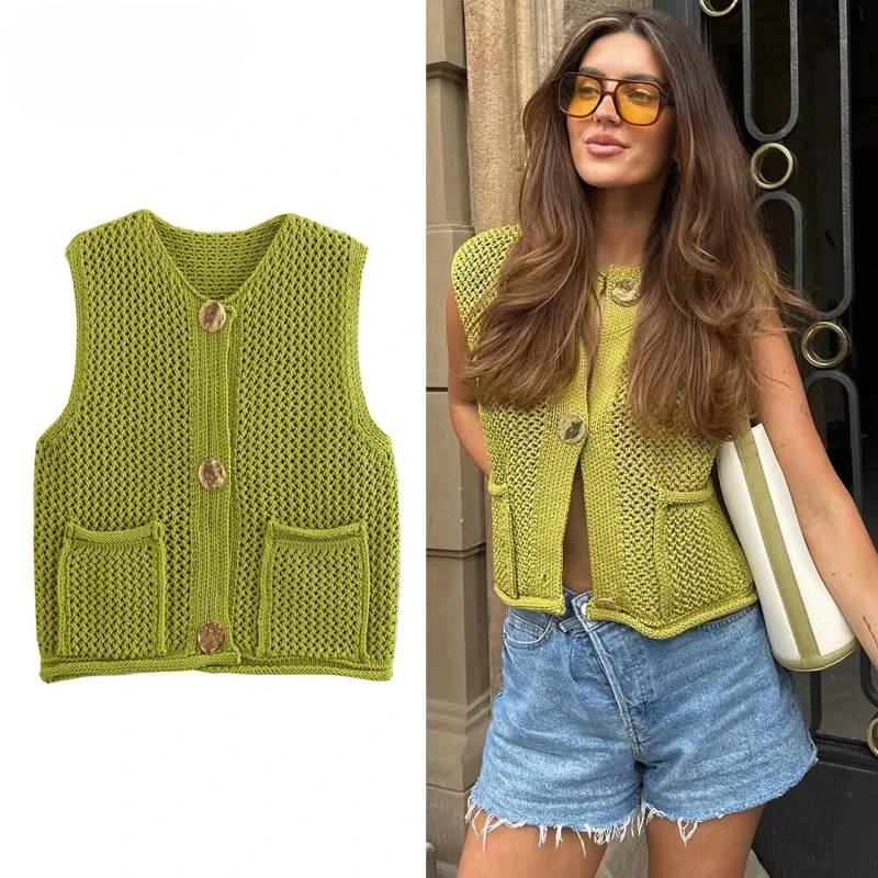 

2025 Knit Crop Top Woman Button Sleeveless Vest Women Knitted Vest Waistcoat Tops Woman Summer Short Tops