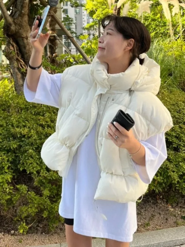 Korean Style Women's Thickened Drawstring Waist Vest Jacket Sleeveless Short Loose Fit Autumn Winter Removeable Hooded Coat
