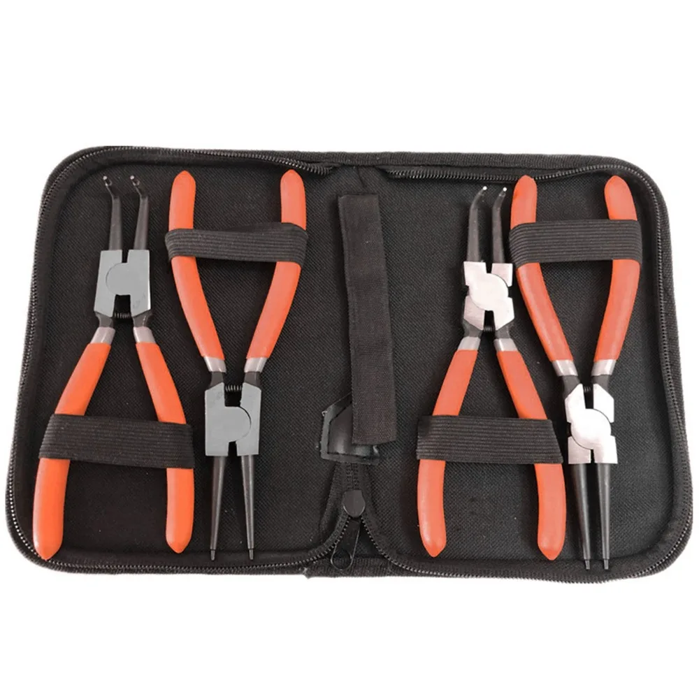 4pcs Carbon steel Circlip Pliers Set Ergonomic Handle Heavy Duty Snap Tool Kit Orange Spring Loaded Pliers Retaining Install