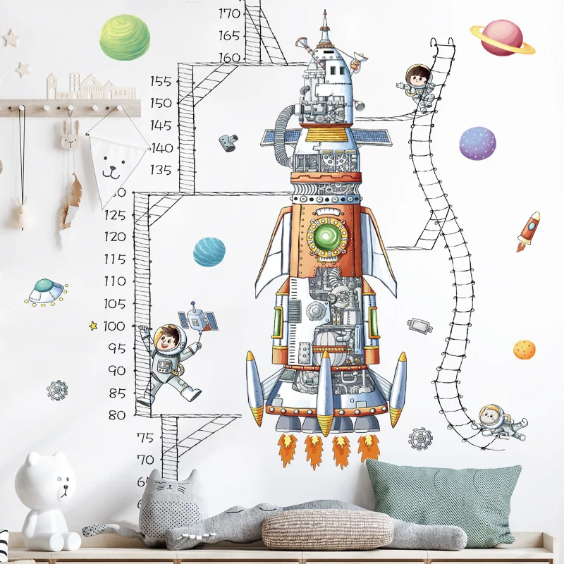 Spaceship Astronauts Measure Height Ruler Early Education Layout Height Sticker Children\'s Room Kindergarten Decor Wall Stickers