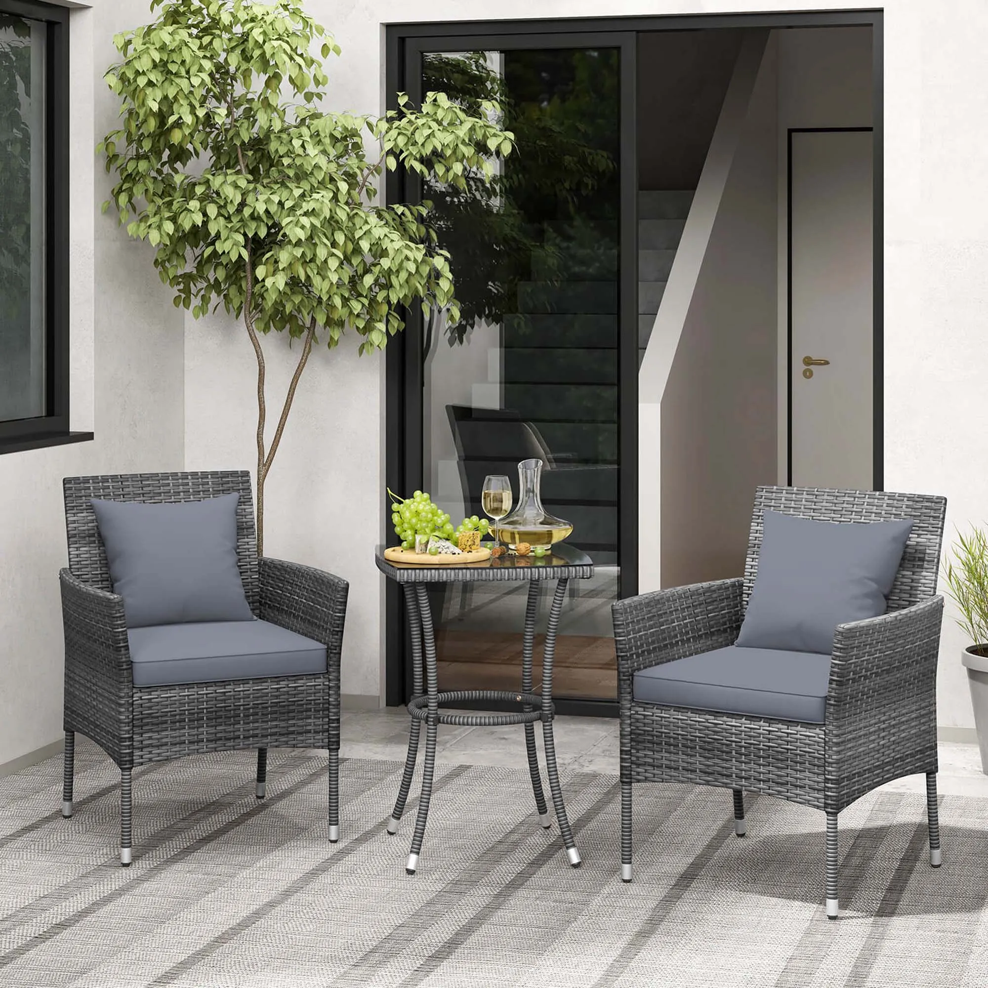 3 PCS Patio Furniture Set with Cushioned Patio Chairs & Tempered Glass Coffee Table Grey