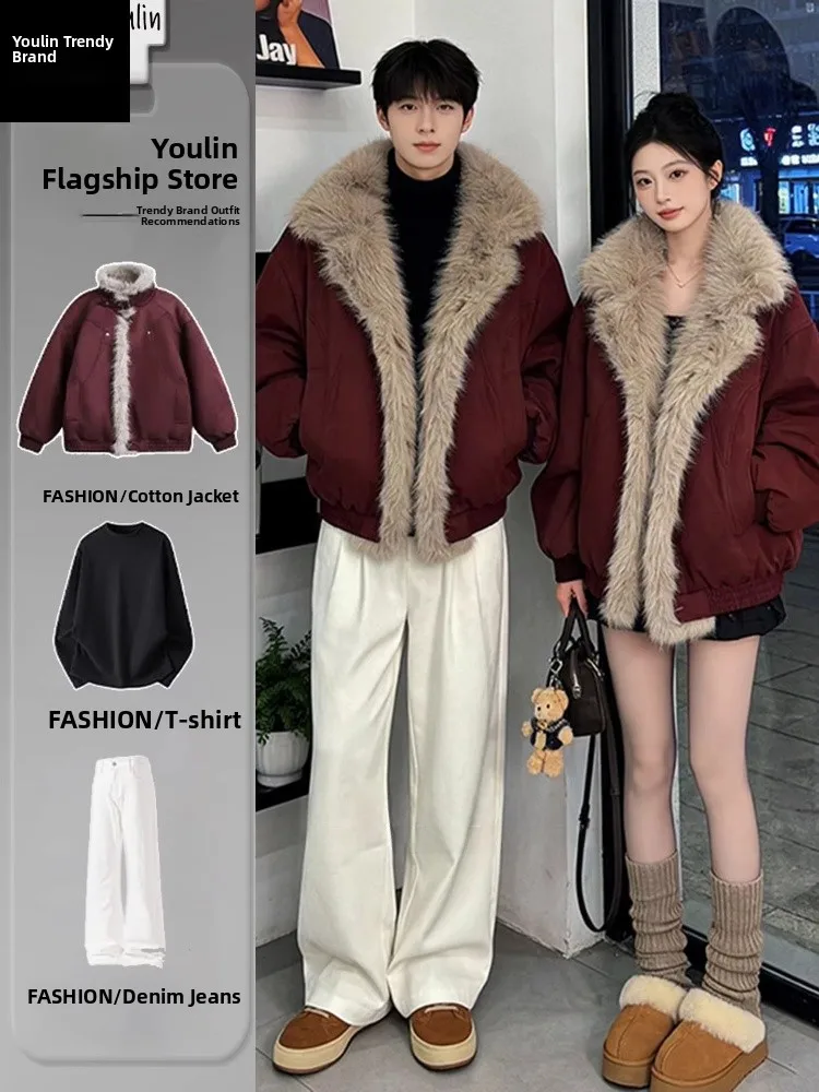 

Red Fur Collar Thiened Cotton Jaet for Men Cool Sli American High-End Feeling Mountains Eagle Pattern Winter Coat