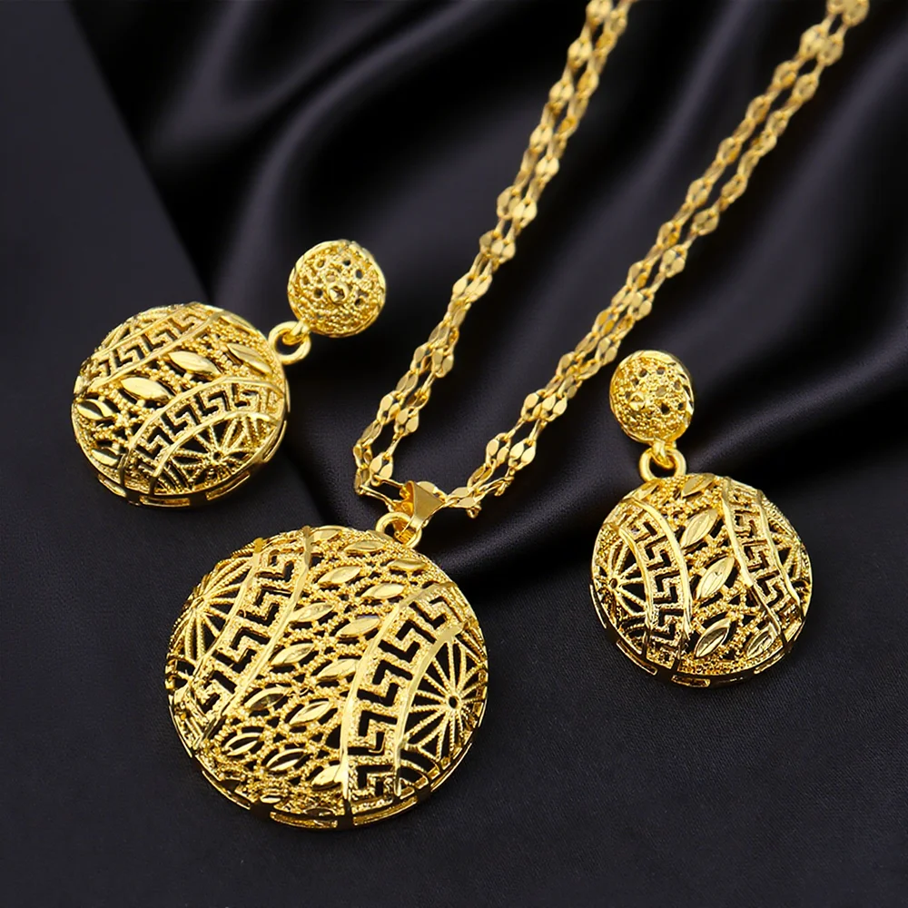Dubai 24K vergoldet verzogene Geometrie Halskette Ohrringe Schmuckset für Frauen African Indian Nigeria Braut Hochzeit Party Geschenk – Detail 3