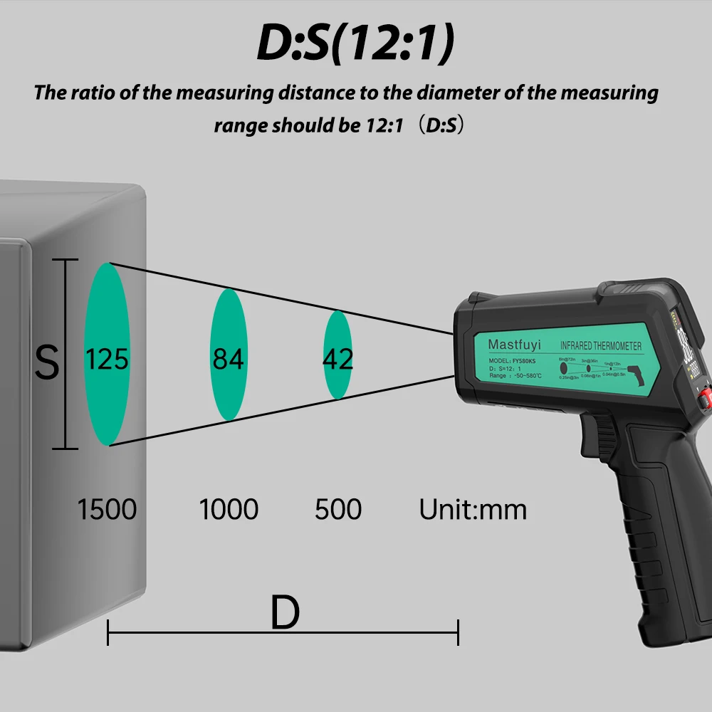 MASTFUYI FY580KS Digital Infrared Thermometer -50℃~580℃ Non-Contact Laser Temperature Meter 12:1 LCD Handheld Pyrometer