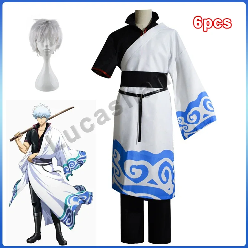 

Sakata Gintoki Cosplay Costume Kimono Wig Anime Gintama Disfraz Halloween Deguisement Unisex Clothes Set Robe Top Pants Belts