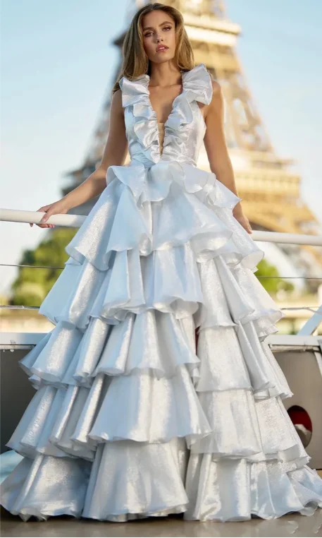 Light Blue Tiered Satin Ruffle Prom Dresses Women's V-neck High-low Formal Gowns with Big Bow and Flowy Layered Maxi Dresses​
