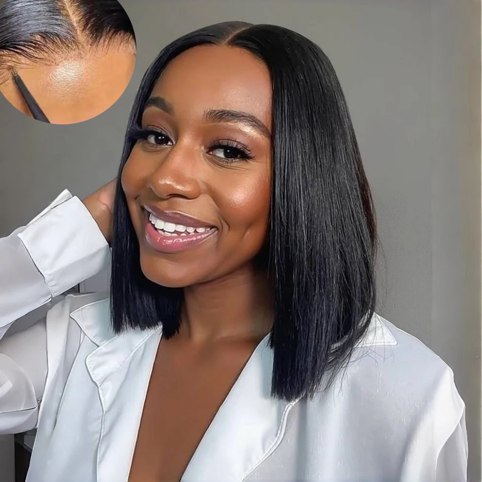 

Готовый к носке парик-каре без клея, прямой, из натуральных волос, 4x4, 5x5, короткий, без HD-кружевного фронта, черный, для женщин