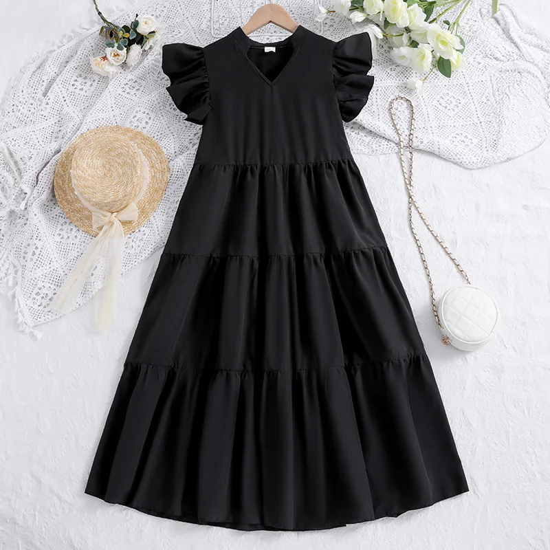 

Summer Kids Dresses For Girls 8-12 Years Black Dress With Flying Sleeves Children Casual Clothing Birthday Party Girls Dress