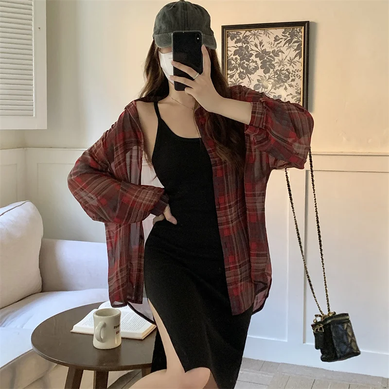 

Women New Sunscreen Thin Plaid Shirt Autumn Long Sleeve Tops Loose Bouse Shirt Oversize Casual Streetwear