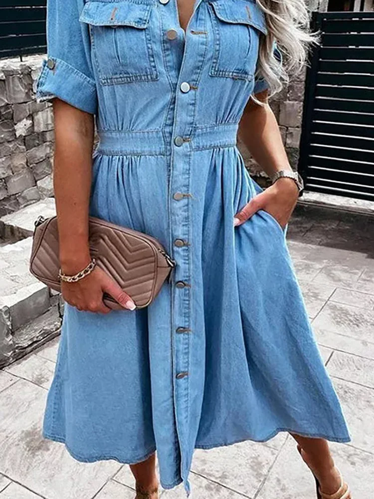 New Women Spring Autumn Turn-Down Collar Full Sleeve Denim Dress Casual Solid Button Mini Dress Fashion Elegant Streetwear Dress