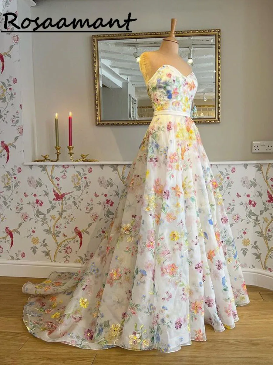 2023 Print Flower Wedding Dress Lace  Backless Bridal Gown robe de soirée de mariage Elegant With Detached Sleeves