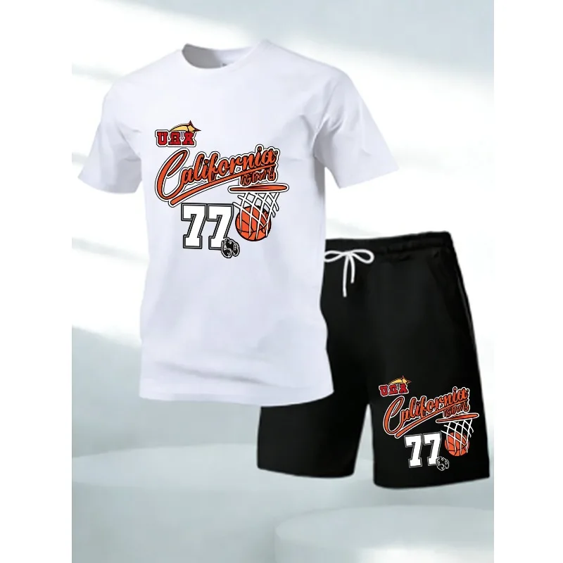 

Latest Men's California Los Angeles Printed 2-Piece Top and Shorts - O-neck Loose Soft T-Shirt with Pockets and High-Waist Pants