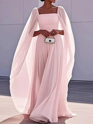 2026 Elegant Temperament Slim Banquet Dress Women Casual Pleated Solid Long Dress Fashion Square Neck Shawl Sleeve Chiffon Dress