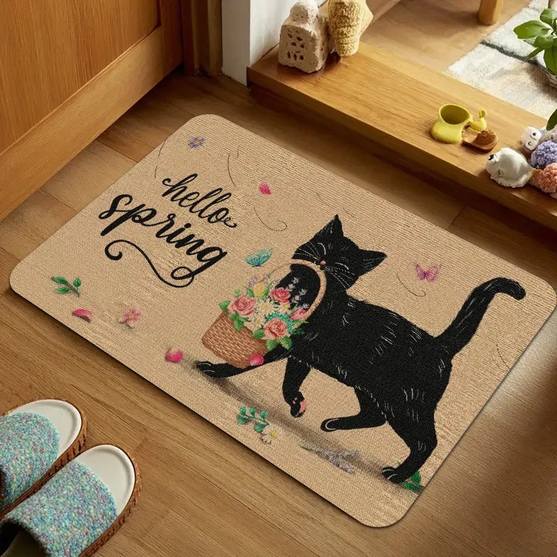 Vintage Spring Botanical Style Black Cat Flower Hello Spring Letter Butterfly Print Non Slip Entryway Dust Resistant Doormat