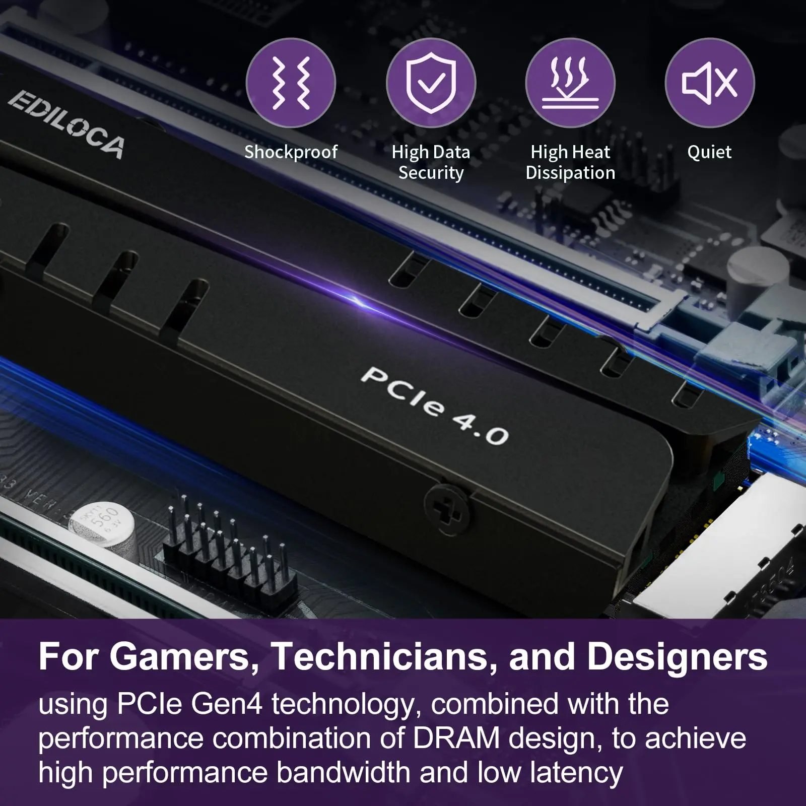 Ediloca EN855 PS5 SSD SLC Cache & DRAM with Heatsink PCIe Gen4.0 NVMe M.2 SSD 7400MB/s Internal Solid State Drive for PS5 & PC