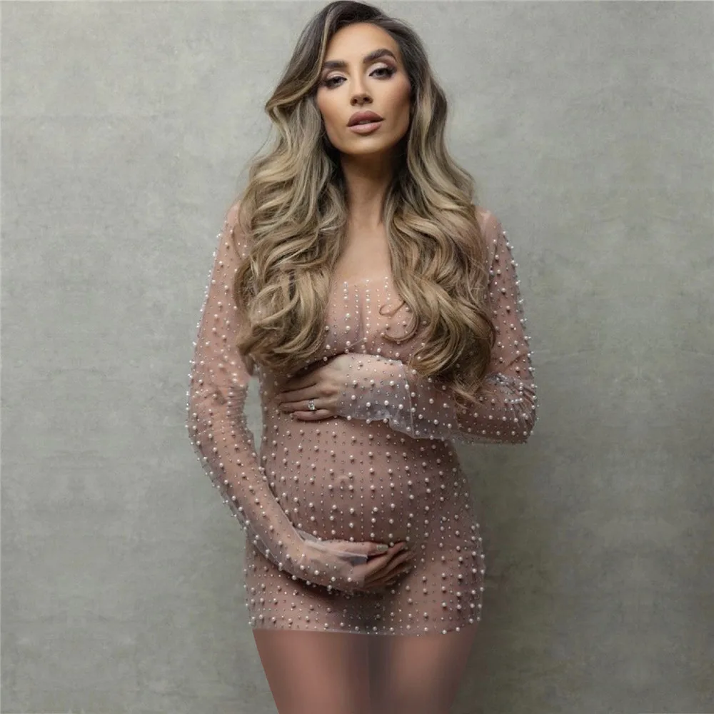 Rhinestone Pearl Maternity Mini Dress For Photoshoot Pregnancy Sexy See Through Mesh Long Sleeve Pregnant Women Photography Tops