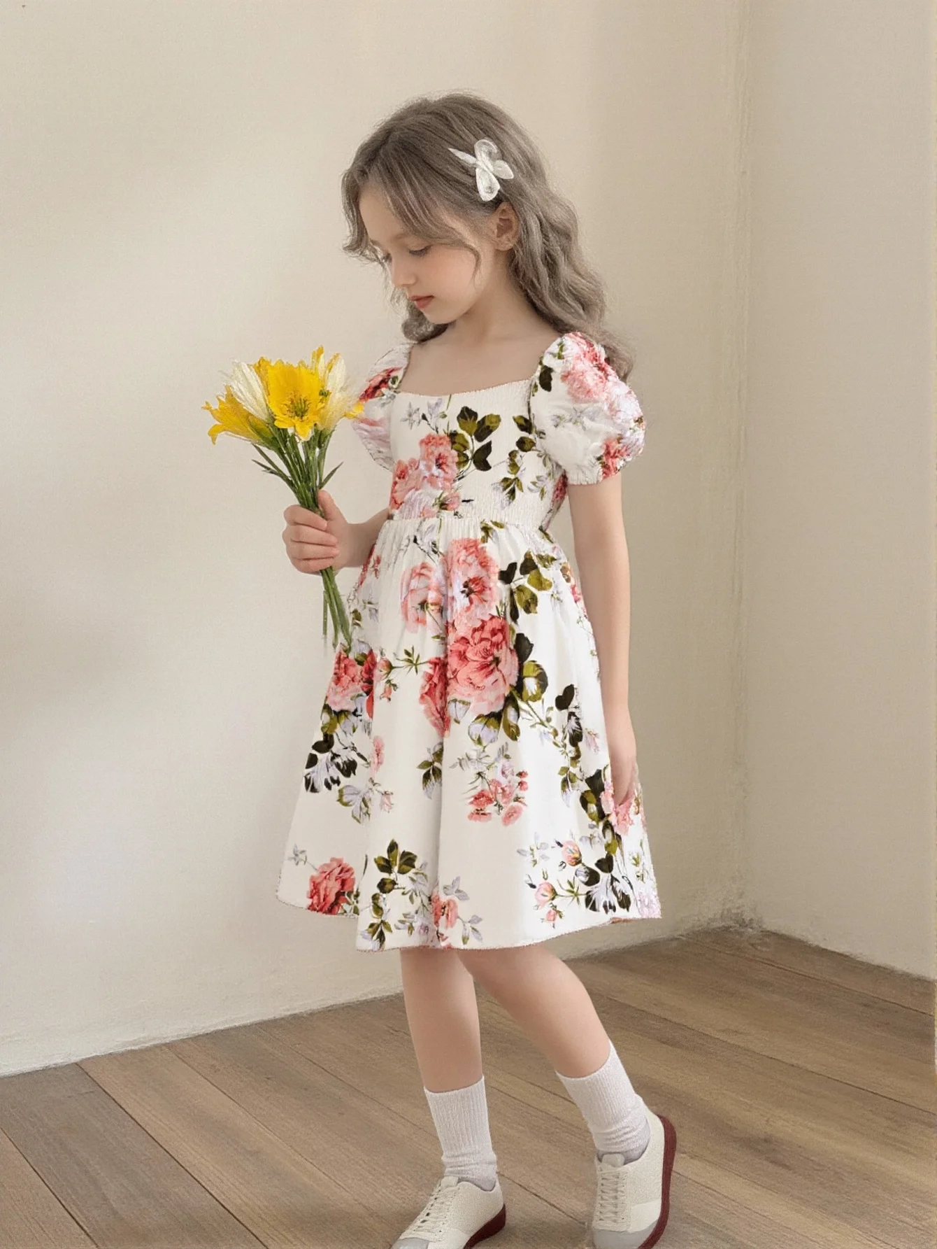 Fashion Casual Short-Sleeved Dress for Girls And Boys with Floral Pattern Square Neckline Ages 6-12 Daily Outfit