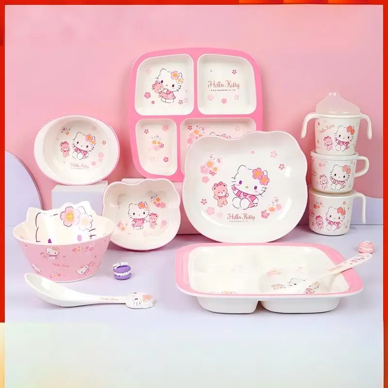 Hello Kitty Melamine Tableware Set for Kids - Anti-Scald Baby Bowls, Plates, Spoons & Cups with Cute Cartoon Design