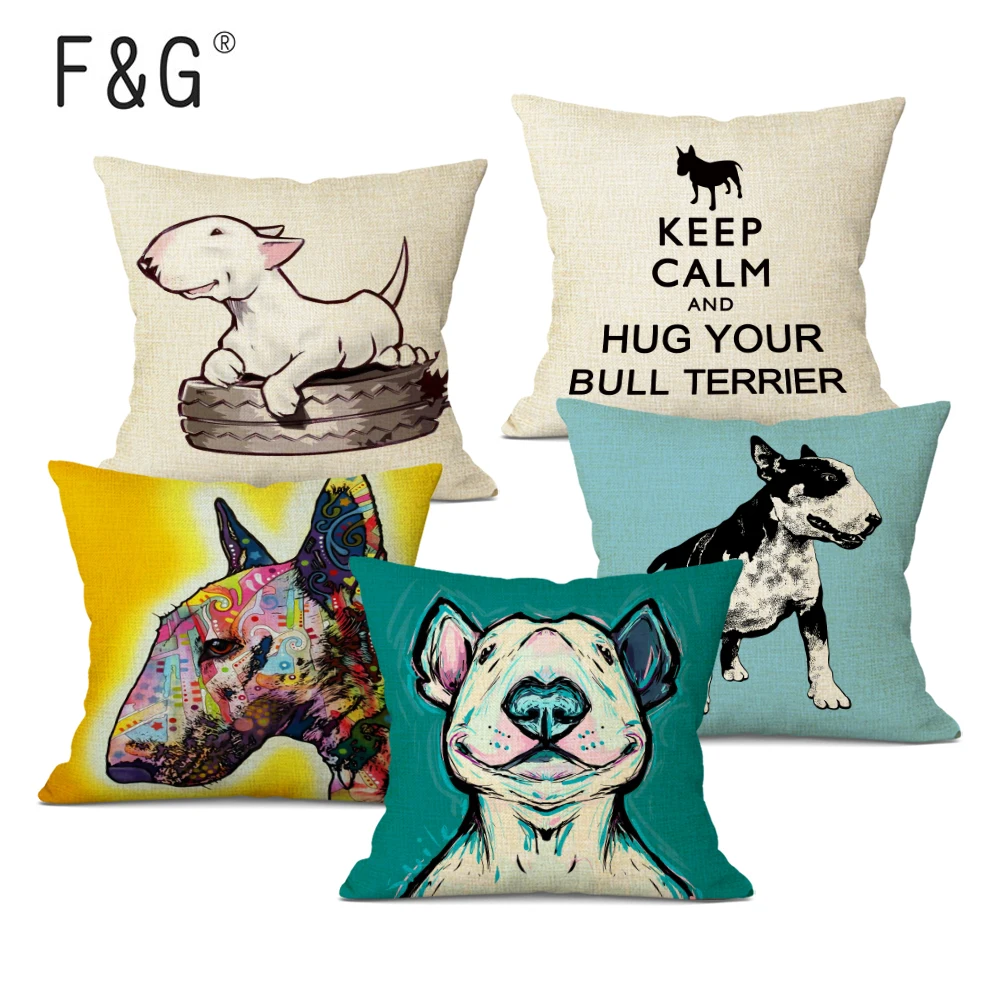 Bull Terrier Cushion Cover Cute Dog Printed Linen Pillows Cover Car Sofa Decorative Pillowcase Home Decor Case 45x45cm