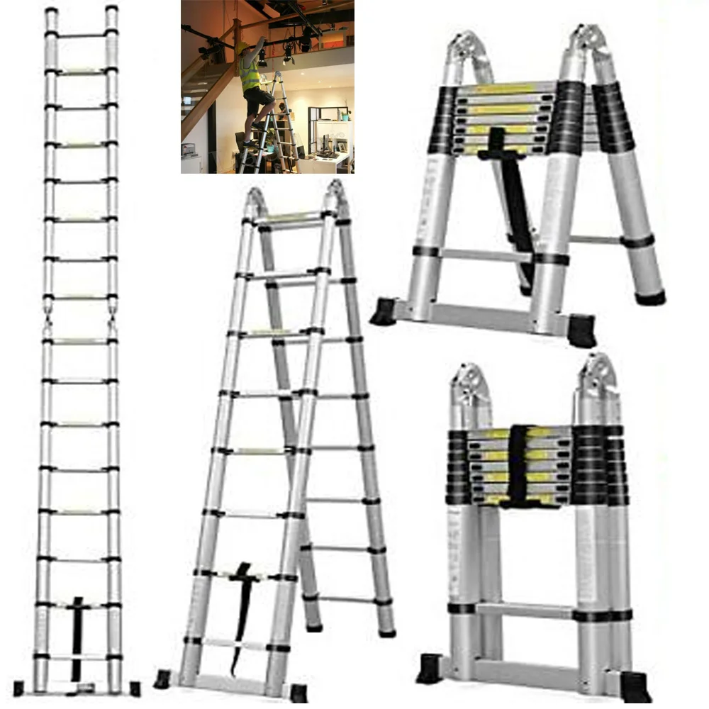 

5M Telescopic Folding Ladder with Stabilizer Bar, Extension Ladder A-Frame Multi-Purpose Folding Ladder 330lb Capacity