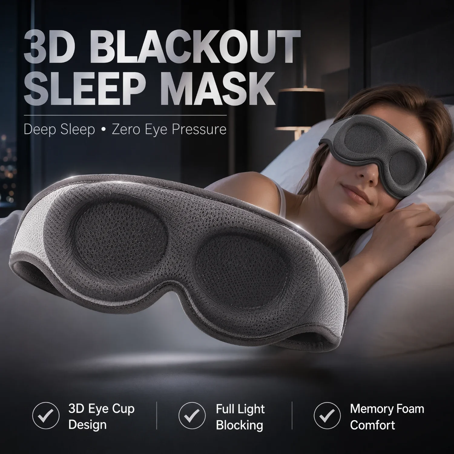 3D Blackout Sleep Mask Memory Foam Eye Mask Zero Pressure Eye Cup Light Blocking Sleeping Mask Adjustable Strap Travel Essential