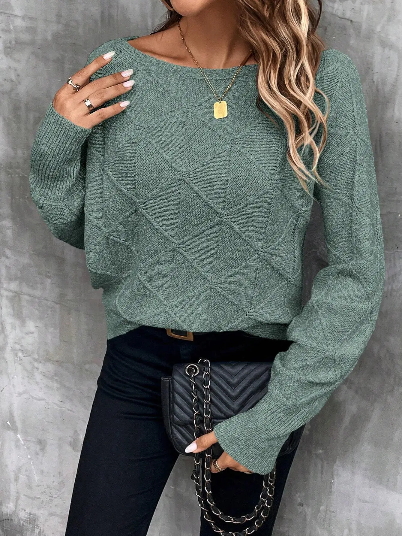 Casual Women's Batwing Sleeve Knit Pullover Sweater with Diamond Pattern, Fall Winter Outfit