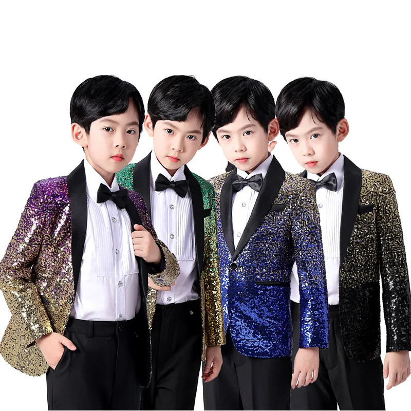 Boys Fashionable Gradient Sequins Jacket Pants Tie 3pcs Wedding Party Suits Kids Piano Performance Costume Photography Dress