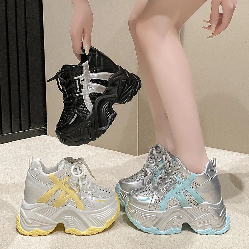 Women Autumn Breathable Chunky Sneakers Lace Up Platform Sports Shoes Woman Thick Bottom 10CM High Heels Female Wedges Sneaker - view 6