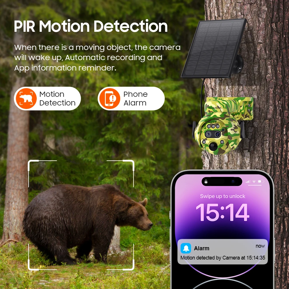 INQMEGA 6MP Camouflage Hunting Solar Camera 12xZoom Dual Lens 4G Sim Solar Powered Battery PIR Human Detection Camouflage Camera