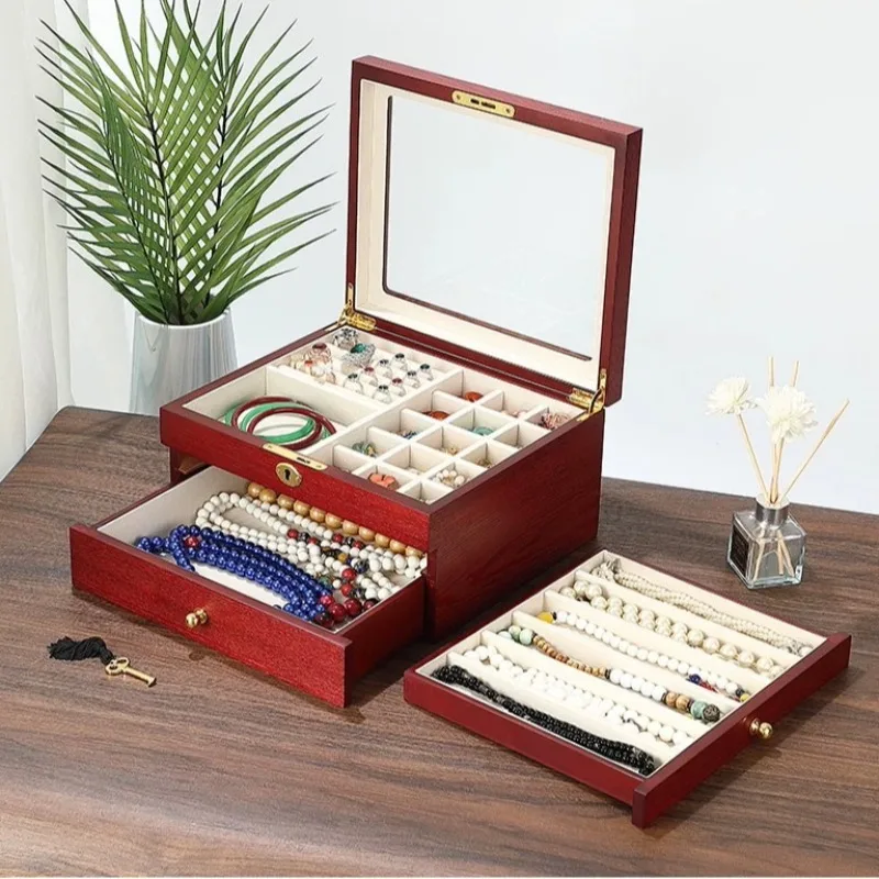Solid Wood Jewelry Box with Lock  Jewelry Box Multifunction Retro Ring Bracelet Organizer Cases Large Capacity Necklace Case