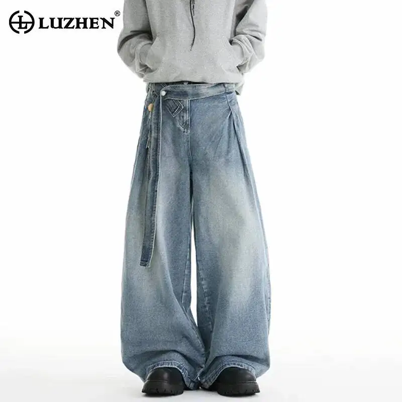 

LUZHEN Straight Vintage Style Gradient Jeans Washed Belt Decorate Men Fashion 2025 New High Quality Wide Leg Denim Pants JY7089