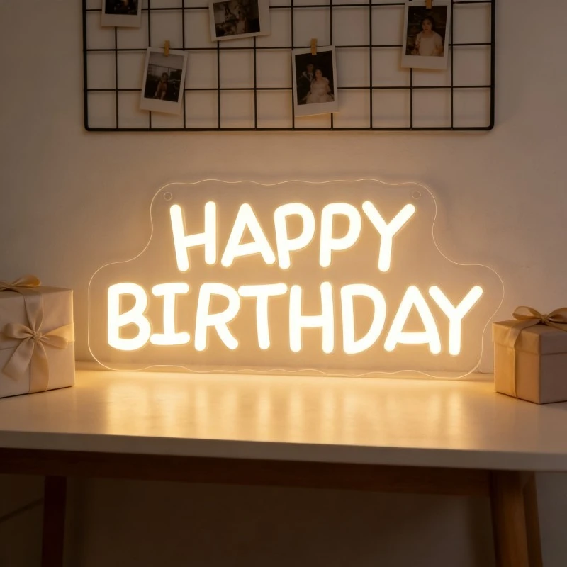 HAPPY BIRTHDAY Warm White Neon Sign USB LED Wall Decor Adjustable Brightness for Bedroom Birthday Party
